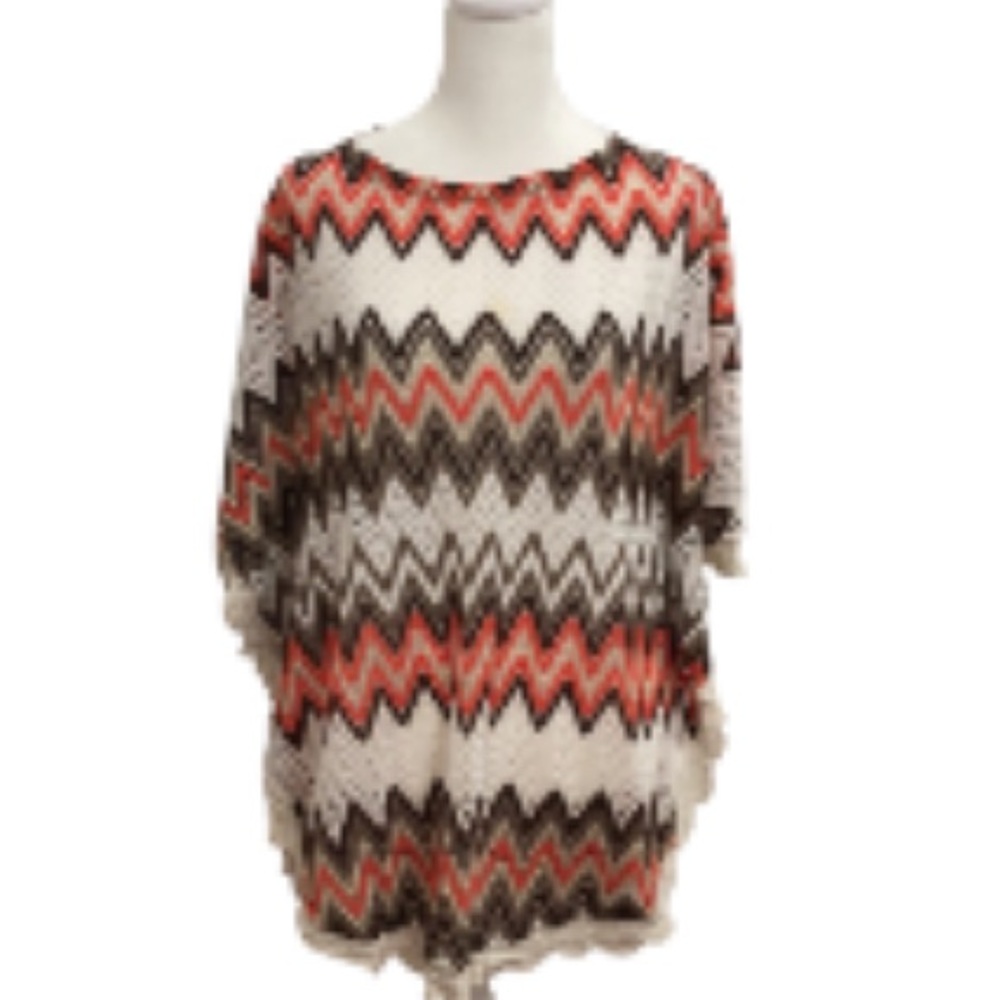 Rancho Estancia Aztec Patterned Tie Back Open Knit Poncho Top Size Large